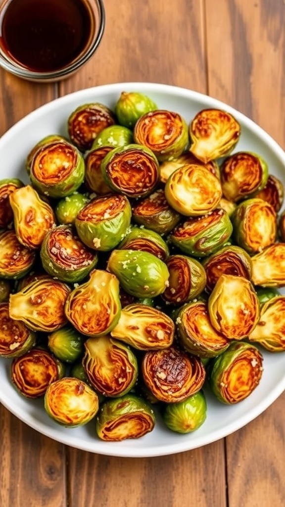Crispy Air Fryer Brussels Sprouts Recipe Crispy air fryer Brussels sprouts garnished with Parmesan cheese on a rustic table.